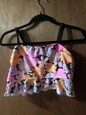 wonder nation Black Floral Ruffle Hem Bikini Top with Pink & Orange Flowers